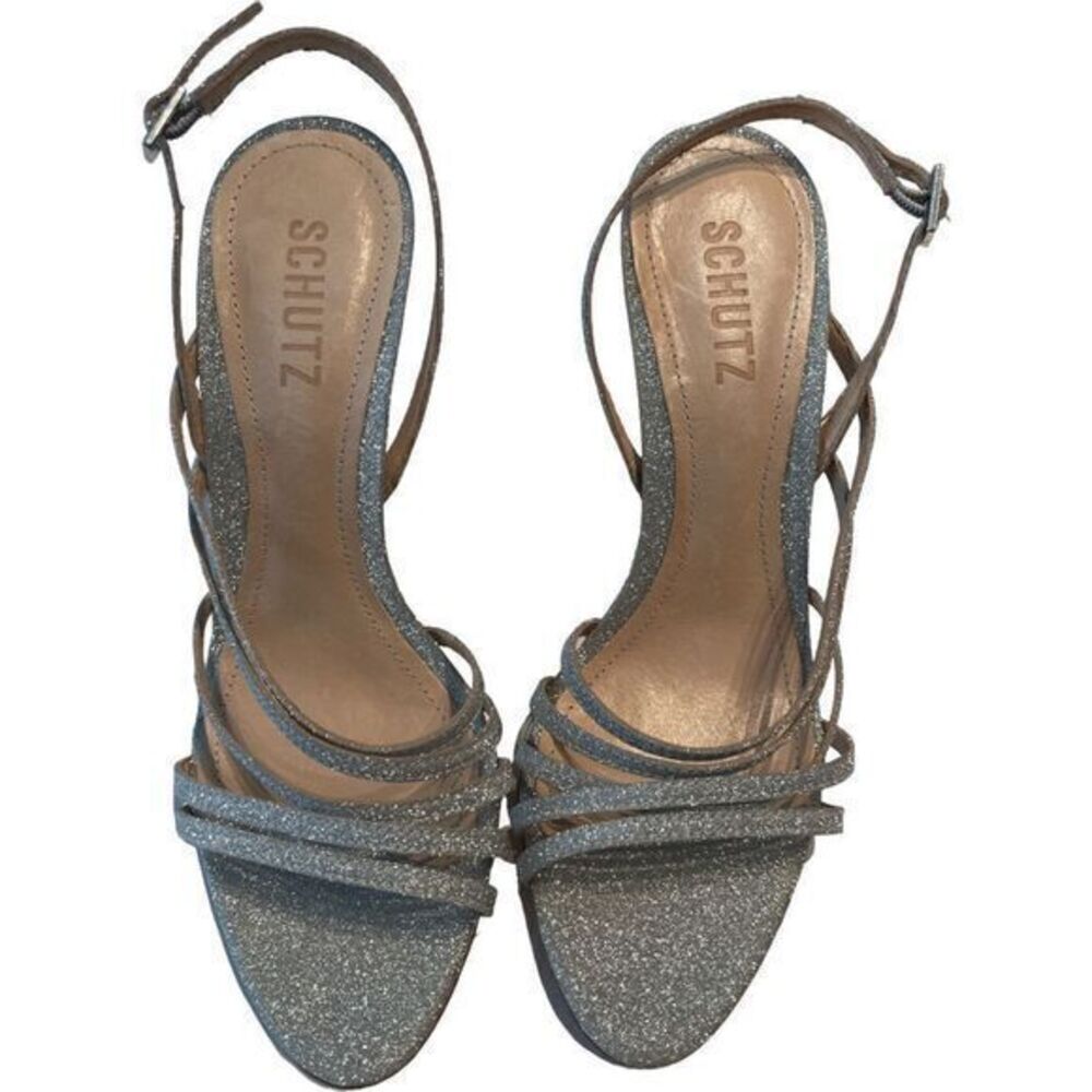 New Schutz Strappy Silver Fine Glitter Heels Sandals NWOB‎ Size 39/9 - Picture 5 of 16
